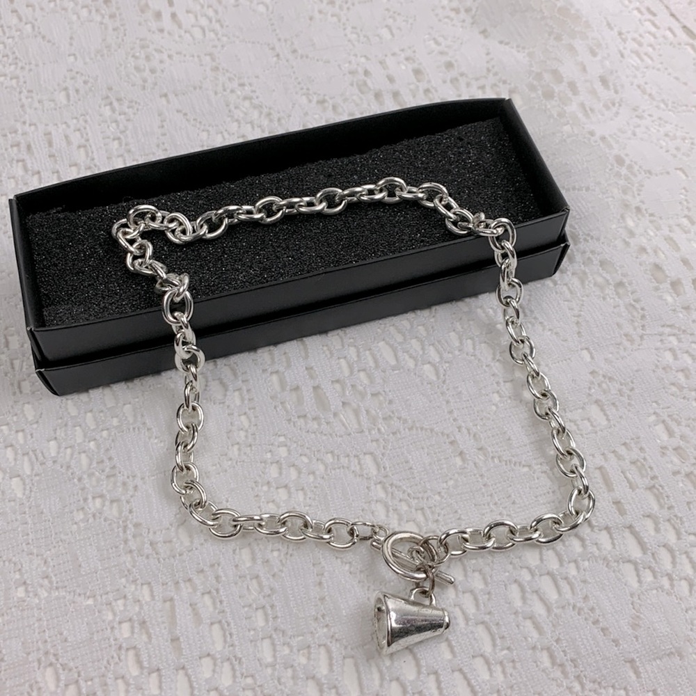 Silver tone Choker Link necklace Cheerleading Megaphone charm 16”